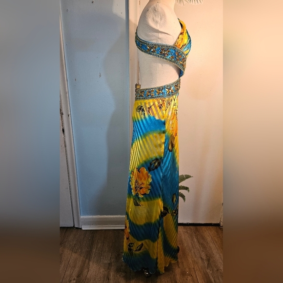 Elegant One Shoulder Blue and Yellow Dress - Picture 8 of 10